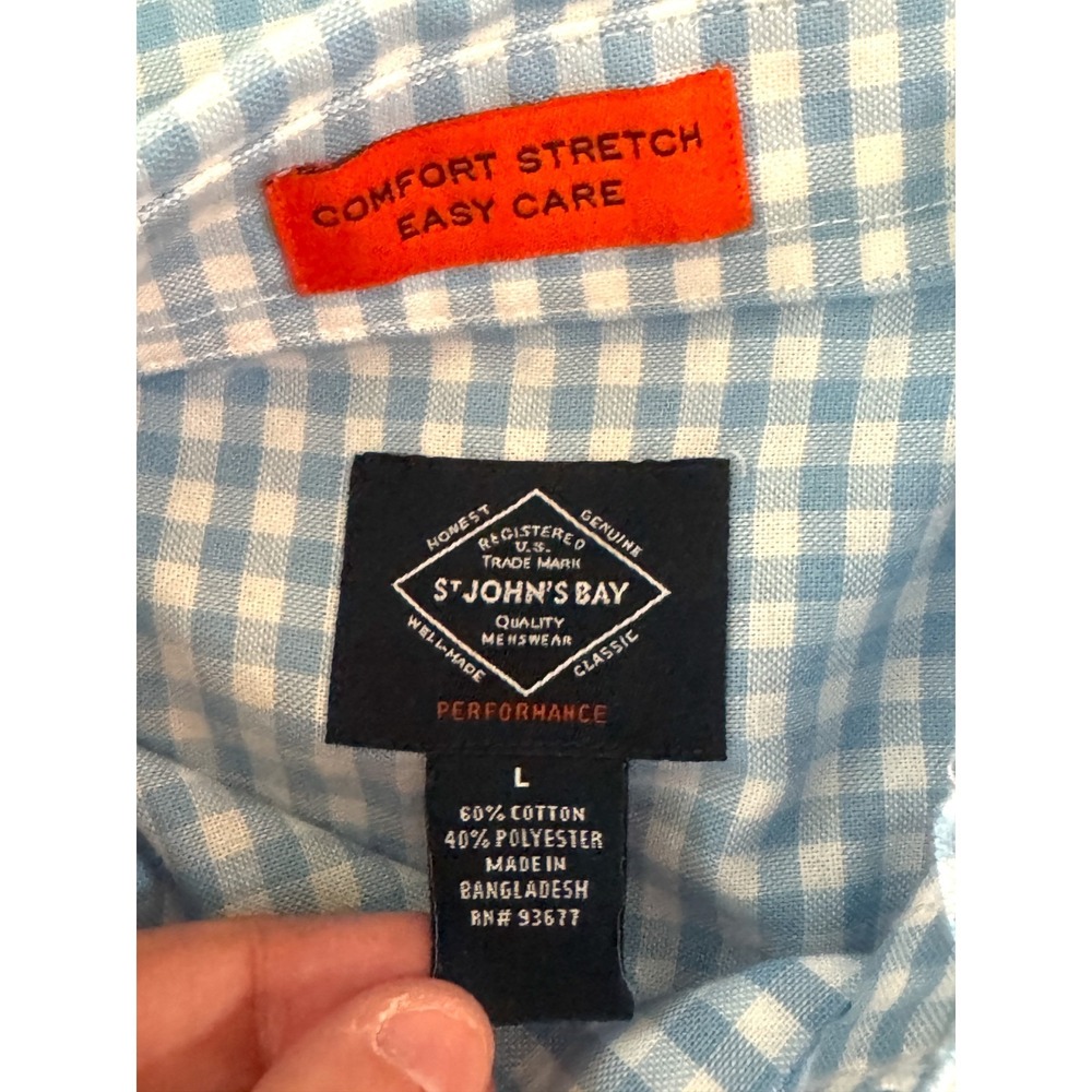 ST JOHNS BAY Mens L Blue White Gingham Stretch Long Sleeve Button Down Shirt - Picture 12 of 13